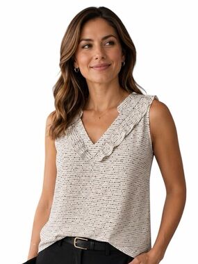 Cabi Large Cream Black Dot V-neck Sleeveless Ruffle Shirt